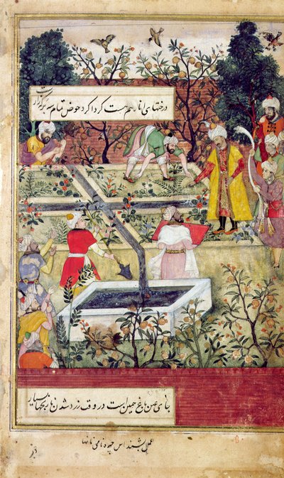 Keizer Babur (c.1494-1530) inspecteert de aanleg van een tuin in Kabul, c.1600 door J. Dorman